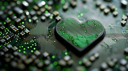 A green heart is on a circuit board