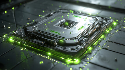 A computer chip with green lights surrounding it