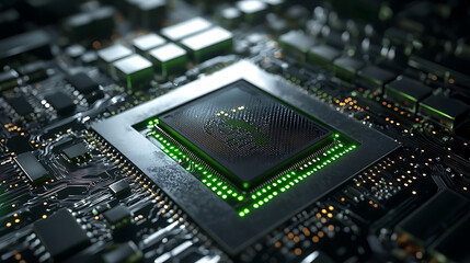 A computer chip is lit up green
