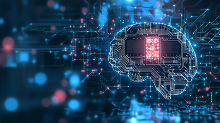 A computer chip brain with a red light on it