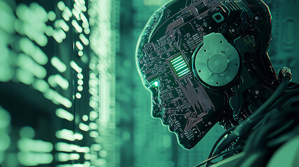 A robot with a green face