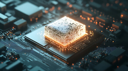 A computer chip is lit up with a yellow glow