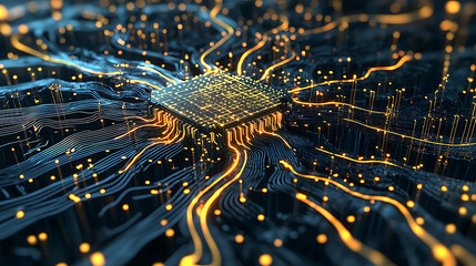 A computer chip is shown in a close up with a lot of wires and lights