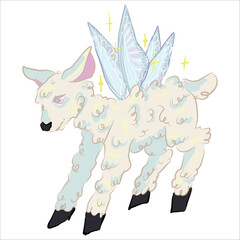 Fairytale animal, magic sheep, lamb. With fairy wings, butterflies. Original illustration for design of stickers sketchbooks, print on clothes, cups. Vector, hand drawn. Magic theme, fairies. 
