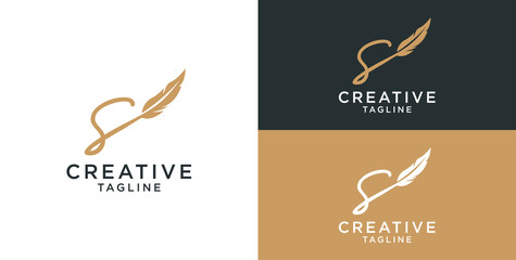 golden feather signature logo design. Minimalist feather initial s logo template © micky_adb