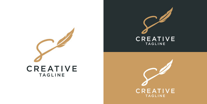 golden feather signature logo design. Minimalist feather initial s logo template