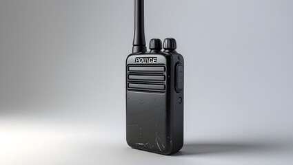 A sleek, modern handheld radio transceiver stands prominently against a smooth, uncluttered backdrop. The radio is a vital tool for instant communication.