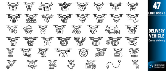 Drone delivery vehicle line icons showcasing modern logistics solutions.  Editable stroke. Vector illustration