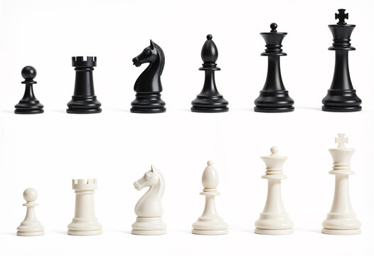 Chess set with king, queen, bishop, knight, rook, and pawn - competitive sides with all pieces in white and black ebony and ivory