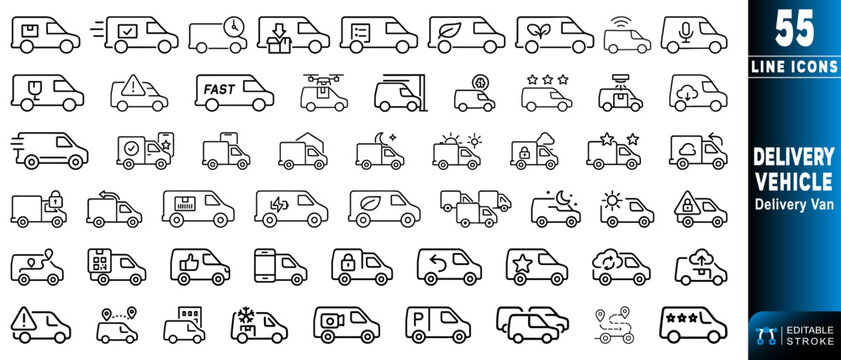 Outline icons representing various delivery vehicles and their functions.  Editable stroke. Vector illustration