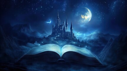 Enchanted castle rises from an open book at night.