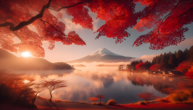 Mount Fuji seen across a tranquil mist-covered lake framed by scarlet momiji leaves and soft golden autumn light