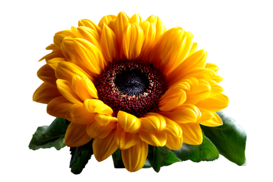 Vibrant sunflower with full yellow petals and brown center, close-up over white surface, isolated to transparent background