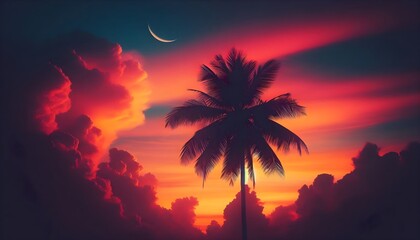 Artistic wallpaper-style tropical scene with palm silhouette, radiant sunset colors, and dreamy clouds in clean minimalist layout