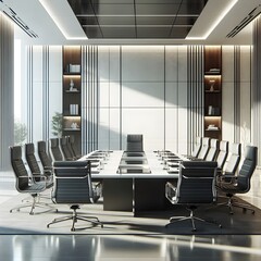 Luxury business meeting room with clean design, white wall background, and polished wood table in sunlit office