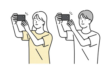 イラスト素材：スマホで写真を撮る若い男女