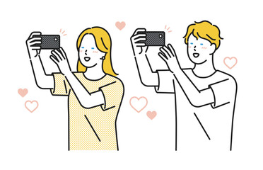 イラスト素材：嬉しそうにスマホで写真を撮る若い男女
