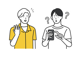 イラスト素材：スマホを見ている男性と話しかける男性のイラスト