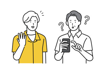 イラスト素材：スマホを見ているシニア男性と話しかける男性のイラスト