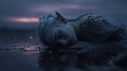 Mythical river nymph sleeping peacefully in twilight waters