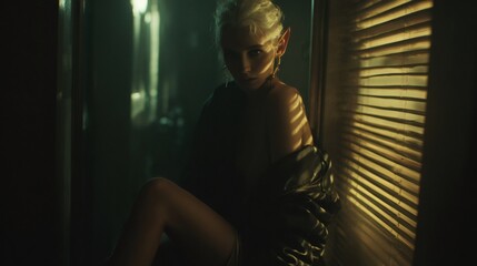 Mysterious elf woman sitting in dark room with blinds