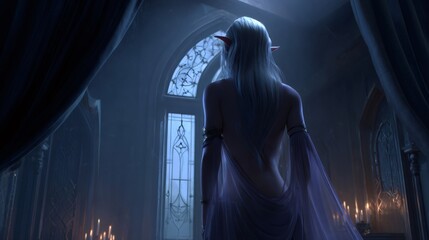 Elf queen looking at the window in her castle at night