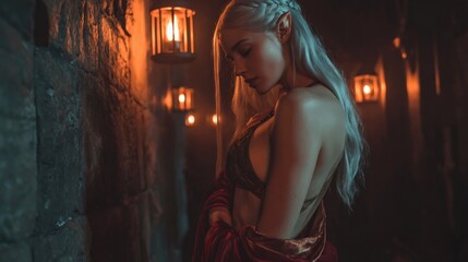 Elf woman holding red velvet dress in dark dungeon corridor with lanterns