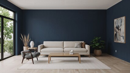 Modern Minimal Living Room with Navy Blue Walls, Light Beige Sofa, and Natural Light