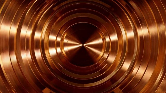 Abstract background of rotating metal rings in copper and bronze tones representing luxury and technology.