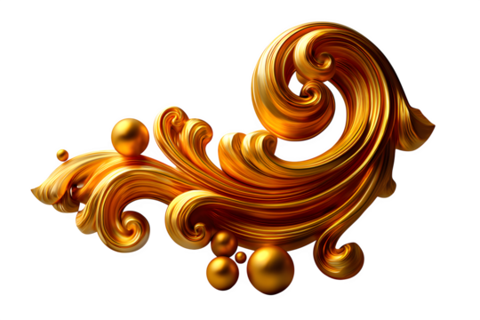 Golden ornamental swirl with delicate curls, royal style element, shiny metallic texture on white background, isolated to transparent background