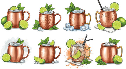 Moscow Mule cocktail served in copper mugs with ice, lime slices, mint leaves, and straws. Watercolor illustration collection on white background. Summer drink and bar menu concept.