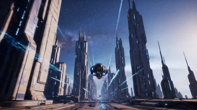 A flying vehicle speeds between towering futuristic skyscrapers in a high-tech sci-fi metropolis at dusk.