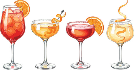 Set of Sidecar cocktail with sugar rim and orange peel garnish in coupe glass. Watercolor illustration of classic brandy-based citrus drink isolated on transparent background.