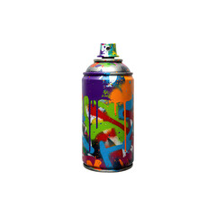Colorful aerosol spray can with a graffiti-inspired design.