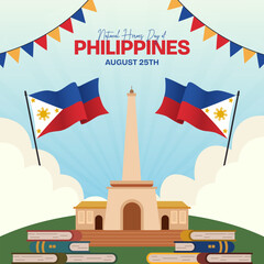 Philippines National Heroes Day August 25th with flag and Rizal monument illustration on sunburst background