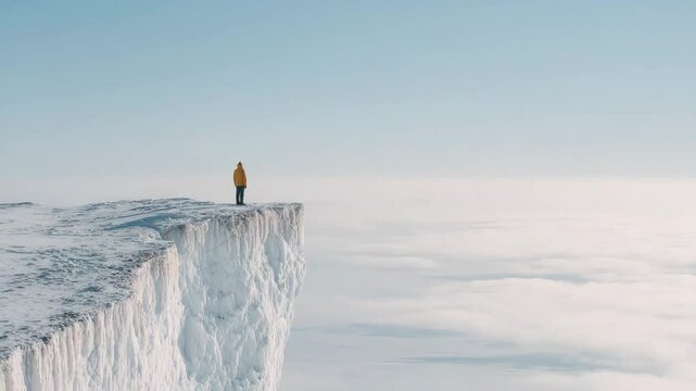 extreme adventure on glaciers featuring lone explorer standing at edge of ice crevice