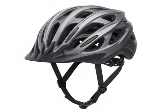 Studio shot featuring a gray bicycle helmet, showcasing its sleek design and safety features, isolated on a transparent background - Powered by Adobe