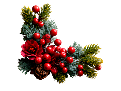 Minimalist corner arrangement with Christmas flowers, pine needles, and berries forming a festive L-shape over white background, isolated to transparent background