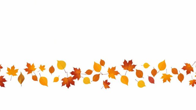 Autumn Leaves Seamless Border in Orange Yellow and Brown on White Background