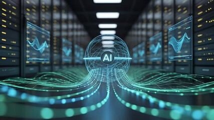 Modern illustration of an ai sphere in a server room dynamic network lines technological concept futuristic graphic design - Powered by Adobe