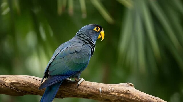 Blue parrot perched on branch, lush green background, wildlife photography, nature