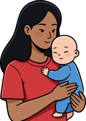 Obraz premium Mother holding baby in red shirt tenderly embracing infant vector illustration 