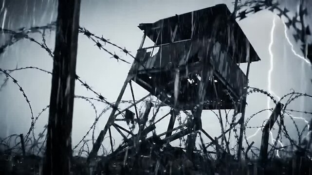 Monochromatic watchtower behind barbed wire during a rainy day atmospheric image historical desolate setting