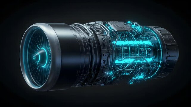 Jet Engine with Intricate Glowing Blue Electrical Components Dark Background Aviation Technology Innovation Aerospace and Engineering