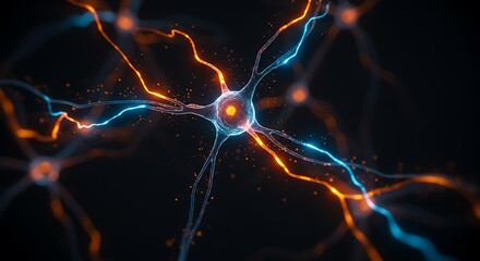  A hyper-realistic microscopic view of a network of neurons firing with glowing blue and orange electrical pulses. Dark background, representing brain activity and AI.