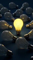 A single bright yellow lightbulb, illuminated and glowing, surrounded by a group of identical, dull, grey unlit lightbulbs. Minimalist background. Concept of a great idea.