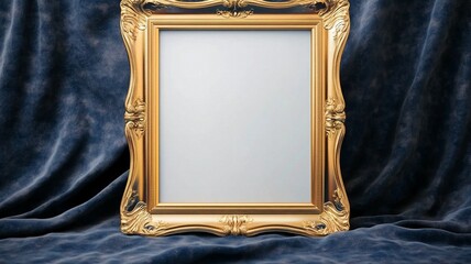 Vintage Gold Ornate Frame with Blank Background and Blue Velvet for Art Exhibition Interior Decoration Certificate Wedding Template