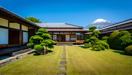 Heritage Japanese Architecture Framed by Mount Fuji