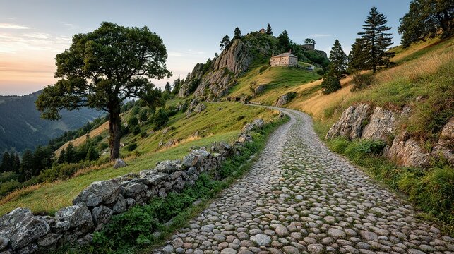 Cobblestone path winds through a hillside landscape.