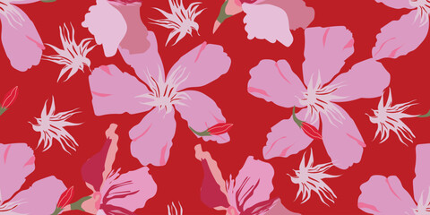 Red hibiscus flower pattern, summer print, aloha hawaii organic design vector.